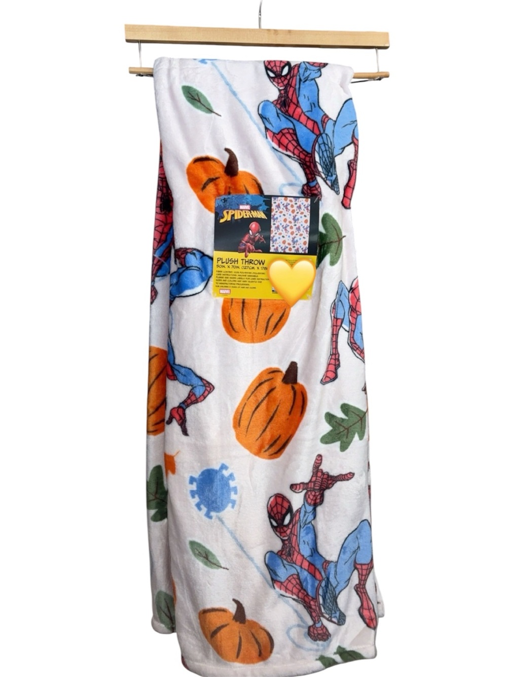Spiderman White Plush Throw Blanket with Orange Pumpkin and Blue Graphics